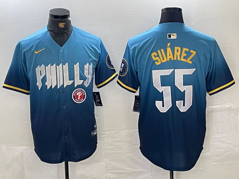 Men Philadelphia Phillies 55 Suarez Blue City Edition Nike 2024 MLB Jersey style 5